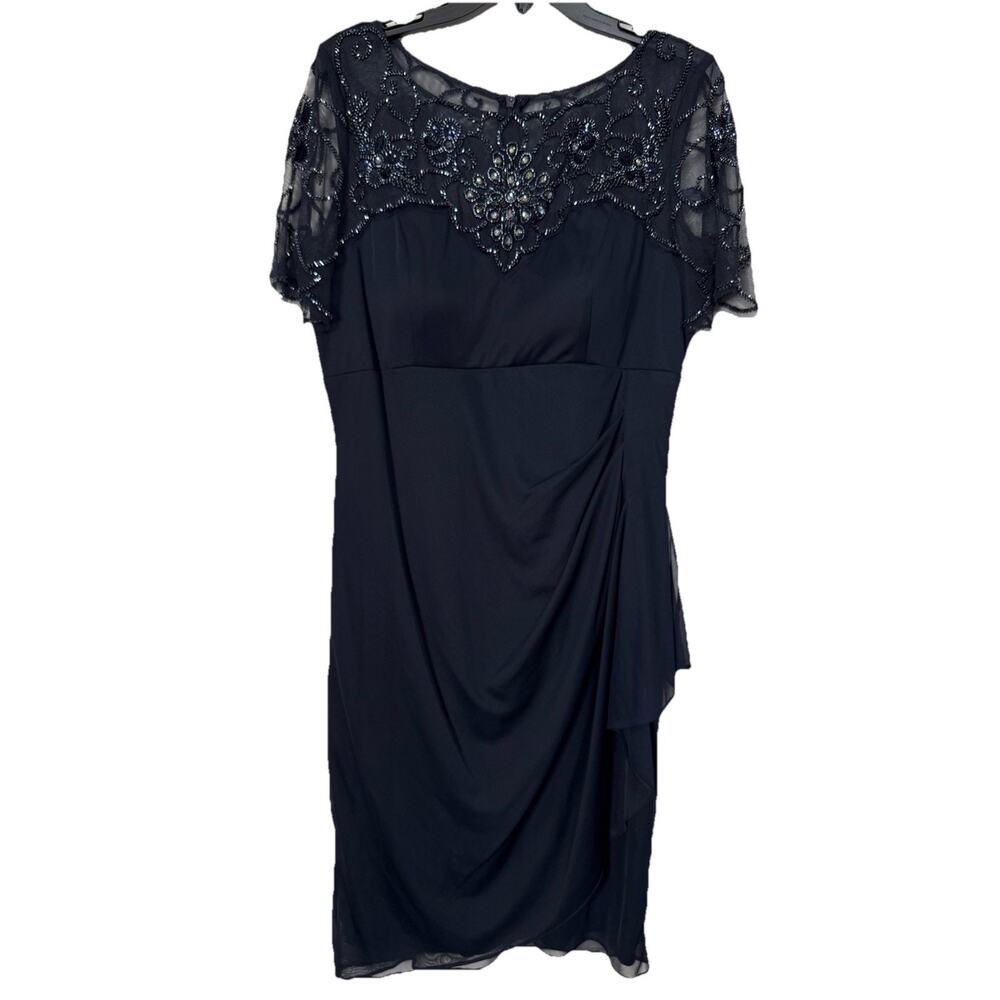 Xscape Dress Size 16 Embellished Midi Evening Gown Short Sleeve Elegant NavyNWOT